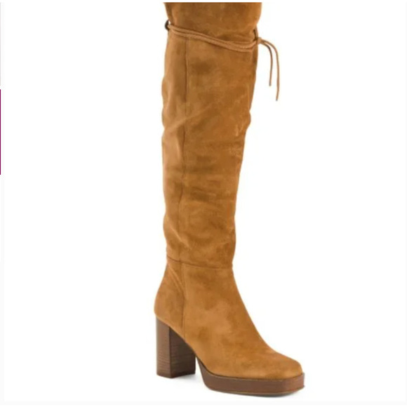 NWT FREE PEOPLE Suede Echo Platform Over The Knee Boots 8.5 Cognac Tan Camel - Picture 3 of 9